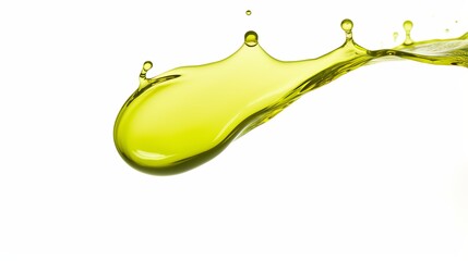 Wall Mural - A single drop of olive oil descending from a green olive, depicted in isolation on a white background.