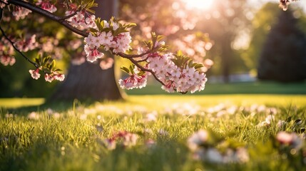 Wall Mural - Abundantly blooming cherry tree garden on a lush lawn, with sunlight filtering through the branches.