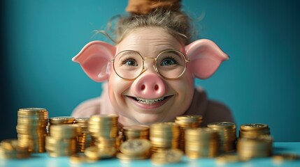 Smiling pink pig piggy bank next to a stack of gold coins, isolated on blue background. Investment success, savings concept - Generative AI