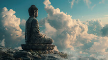 White Buddha Statue Meditate Blue Sky And Clouds Around, Buddha Statue Copy Space, Ai Generated