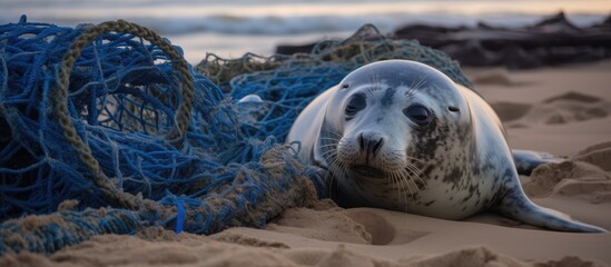 Wall Mural - A Baltic gray seal, a terrestrial earless marine mammal, is resting on the beach next to a fishing net, with water and clouds in the background