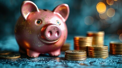 Smiling pink pig piggy bank next to a stack of gold coins, isolated on blue background. Investment success, savings concept - Generative AI