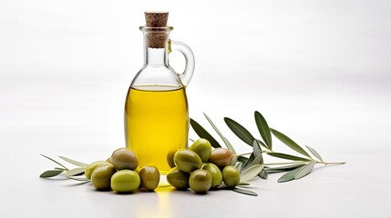 Wall Mural - Delicious olive oil contained within a glass bottle, paired with green olives and leaves, presented in isolation against a white background.