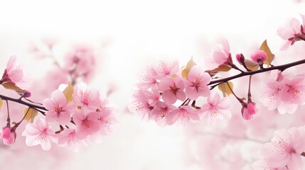 Wall Mural - Ethereal cherry blossoms forming a natural border, studio isolated against a pure white background in a panoramic format.