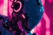 An image depicting a cybernetic robot in a dark, futuristic setting, featuring a color scheme of light azure and pink, inspired by neo-academism.