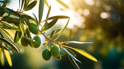 Wall Mural - Olive tree with lush leaves, creating a natural and sunny agricultural food background.