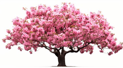 Wall Mural - Pink sakura tree in full bloom, isolated against a white background.