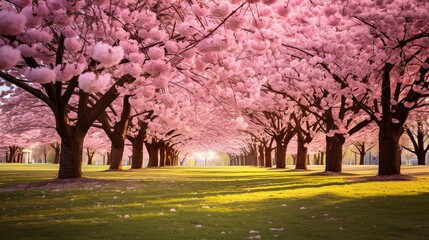 Poster - Rows of cherry trees in full bloom, creating a picturesque scene on a verdant lawn.