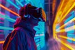 An individual wearing a VR headset outdoors at night, depicted in vibrant futurism style against a backdrop of futuristic cityscapes.