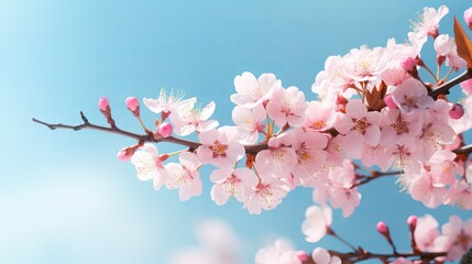 Wall Mural - Spring banner featuring branches of cherry blossoms against a blue sky backdrop, adorned with butterflies, capturing the essence of a dreamy romantic spring landscape.