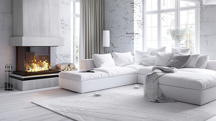 Poster - white corner sofa near fireplace. scandinavian home interior design