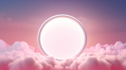 Sticker - A blank circle white glowing light frame set against a dreamy fluffy cloud with an aesthetic pink neon sky background, creating an abstract minimal natural luxury scene with ample copy space.