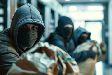 Poster - a bank robbery, with masked thieves and bags of loot