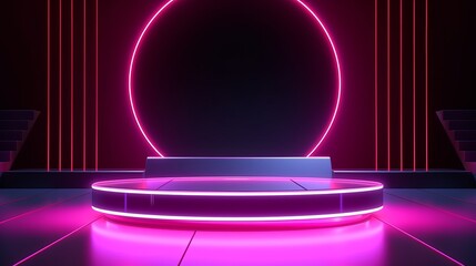 Wall Mural - Abstract background featuring podiums illuminated by neon lights, ideal for showcasing products with stylish geometric shapes.