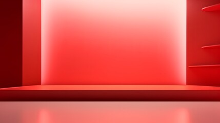 Wall Mural - An abstract red studio background sets the stage for product presentation, featuring an empty room with shadows from windows. The 3D room offers ample copy space against a blurred backdrop.