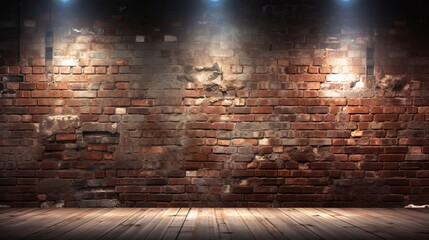 Poster - An empty room with a brick wall, cracks, searchlight lights, and neon light in the background sets a dramatic scene.