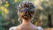 Detail of Bridal Hair Style with Lavender and Braid: Wedding Hairstyle Close-up, Bride Hair with Flowers, Generative Ai