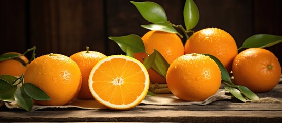 Sticker - A variety of oranges including Rangpur, Clementine, Valencia, Bitter, Tangerine, and Mandarin are displayed with leaves on a wooden table, showcasing natural foods ingredients