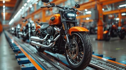 Canvas Print - large motorcycle production factory Transporting motorcycles from manufacturing plants, automotive manufacturing industry
