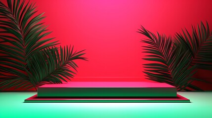 Wall Mural - Palm tree leaves on abstract background with podiums in neon light. Trendy geometric shapes for products. Red and green gradient light. Minimalism, 90s, 80s concept