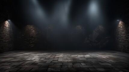 Poster - The backdrop of an empty dark-black room features empty brick walls, illuminated by lights, smoke, and rays, creating a mysterious ambiance.