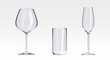 Empty transparent cocktail glass for wine, champagne and long drinks. Realistic vector illustration set of kitchen and restaurant glassware for alcohol beverages. Clean blank bar utensils mockup.