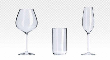Poster - Empty transparent cocktail glass for wine, champagne and long drinks. Realistic vector illustration set of kitchen and restaurant glassware for alcohol beverages. Clean blank bar utensils mockup.