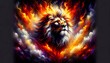 A majestic lion emerging from an abstract fiery background, symbolizing the strength and royalty of the Lion of Judah.
