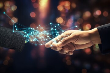 Poster - Close up of businessman hand holding connection lines on dark bokeh background AI machine learning hands ,Man holding in palm Social connection technologies, Ai generated