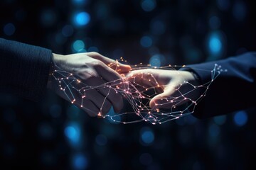 Poster - Man holding in palm Social connection technology on dark bokeh background AI machine learning hands , Man holding in palm Social connection technologies, Ai generated