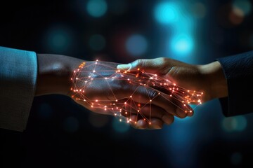 Poster - AI machine learning hands of a robot and a human touching on a big data network connection, Close up of businessman hand holding connection lines on dark bokeh background, Ai generated