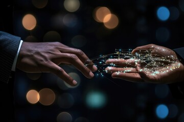 Poster - Man holding in palm Social connection technology on dark bokeh background AI machine learning hands , Man holding in palm Social connection technologies, Ai generated
