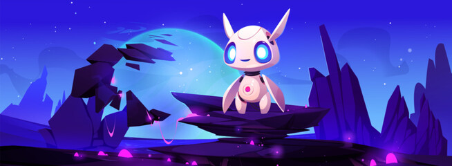 Poster - alien planet landscape with cute robot astronaut. cartoon vector outer space world scenery with ston