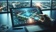 © FantasyLand86 - A close-up of a tablet device where a city's infrastructure is being managed and optimized through a touch interface.