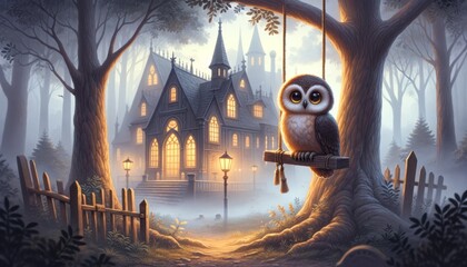 Wall Mural - A small owl perched on a swing hanging from a tree branch, with an old library visible through the mist in the background during twilight.