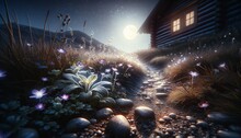 A Detailed Close-up Of The Ground Showing The Path Leading Up To The Cabin With Small Flowers Or Plants Bathed In The Moonlight.