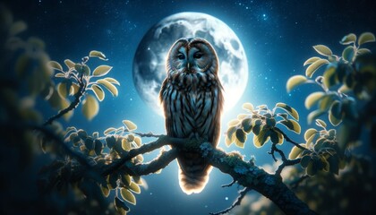 Wall Mural - A detailed medium shot of a lone owl perched on a tree branch, with the moon partially hidden behind it.