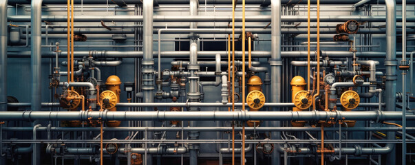 Wall Mural - Industrial concept. Pipeline in a factory - valves, tubes, pressure gauges, thermometers. View from above. pipes, flow meter, water pumps and valves of the heating and gas supply system.