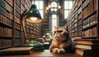 A single cat sitting in a library, surrounded by towering bookshelves and a classic green reading lamp.