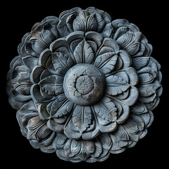 Wall Mural - A round grey stone carving of chrysanthemum with leaves on black background.