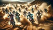 A group of motocross riders competing on a rugged desert track, with dust flying around, in a similar spirit and style as the original image.