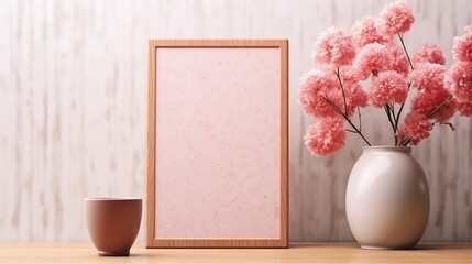 Wall Mural - wooden frame mockup with a pink notched vase