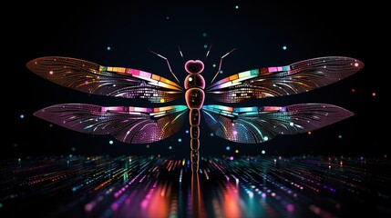 Wall Mural - Data flow concept with the flight of a digital dragonfly. Technological background for big data design. Generative AI