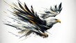 An eagle in flight, captured in a dynamic and fragmented style with strokes of white, gray, and gold, symbolizing freedom and majesty.