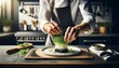 A chef's hands garnishing a gourmet dish with fresh microgreens in a modern kitchen setting.