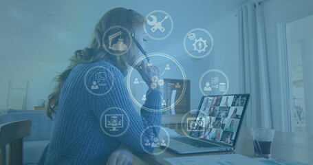 Sticker - Image of network of icons over woman using laptop on image call