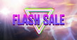 Image of retro flash sale text with glowing neon triangles and pink light trails in background