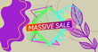 Image of retro massive sale text on gradient red to purple banner and abstract shapes