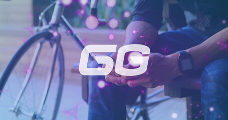 Poster - Image of 6g text in white over man using smartphone in background