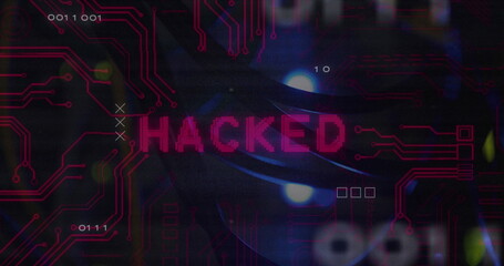 Poster - Red HACKED text overlays a digital circuit board background